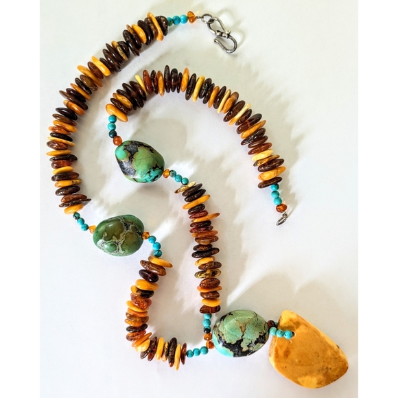 Artisan Jewelry - Sterling Egg Yolk Baltic Amber Blue Turquoise Chunks Beaded Pendant Necklace 22"